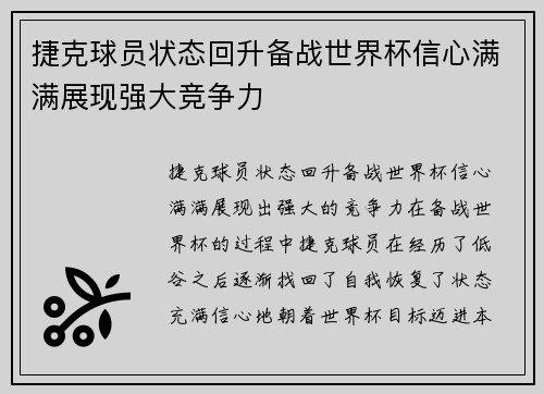 捷克球员状态回升备战世界杯信心满满展现强大竞争力