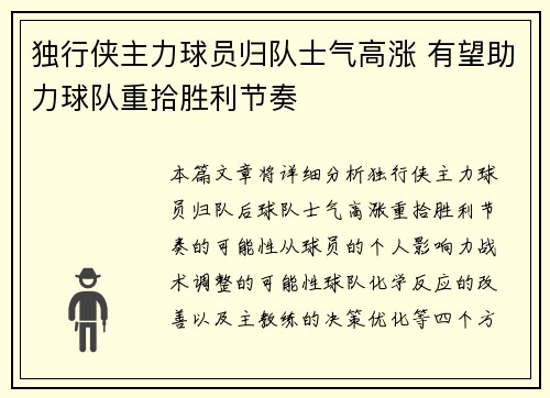 独行侠主力球员归队士气高涨 有望助力球队重拾胜利节奏