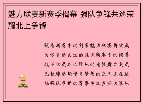 魅力联赛新赛季揭幕 强队争锋共逐荣耀北上争锋