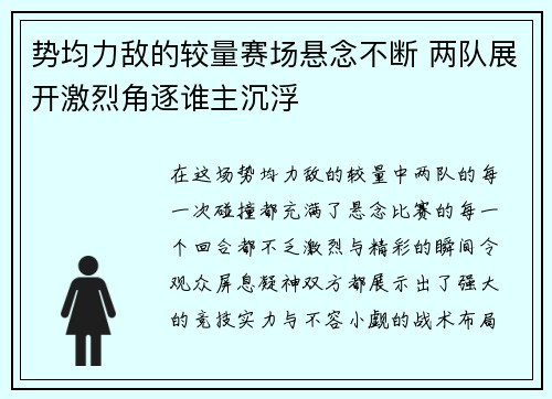 势均力敌的较量赛场悬念不断 两队展开激烈角逐谁主沉浮